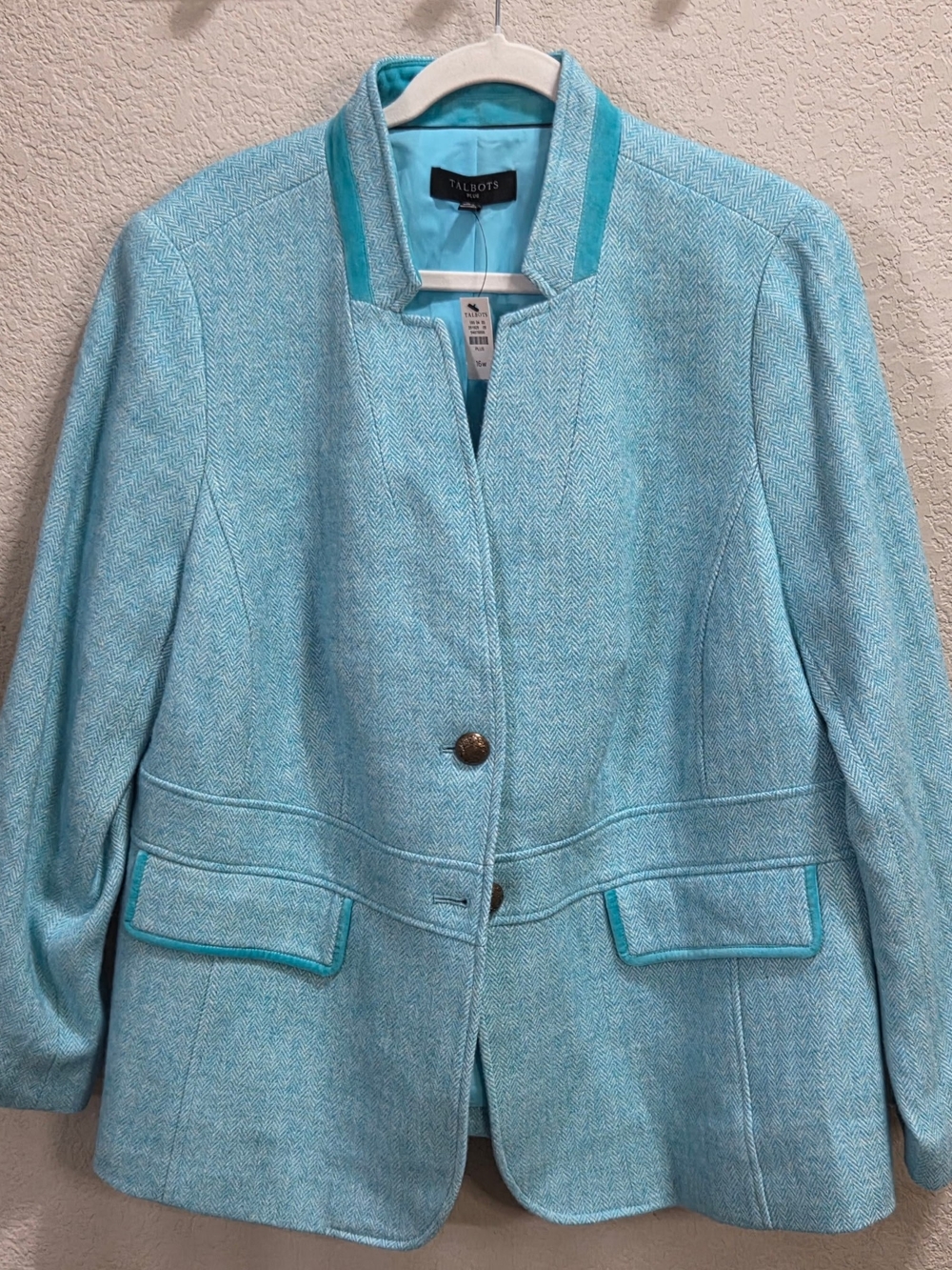Talbots Light Aqua Tweed Jacket with Teal Trim
